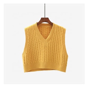 Custom Vintage v Neck Cable Knitted Sleeveless Custom Ladies <strong>Vest</strong> High Waist Short <strong>Crop</strong> Custom <strong>Sweater</strong> <strong>Vest</strong> Women - Product Image 1
