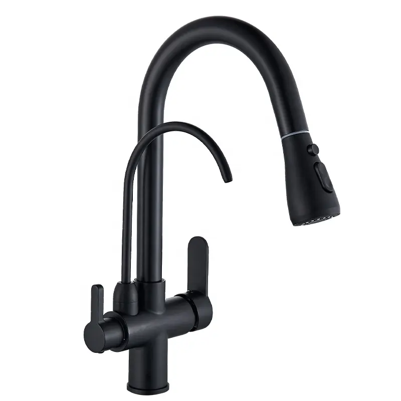 Grifo de cocina con filtro de agua pura negro mate comercial de 3 formas, grifo de cocina con una sola palanca, rociador purificado de agua, grifo mezclador de cocina