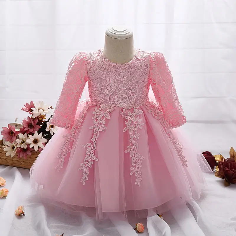긴 소매 멋진 드레스 Christening/생일 Frock 디자인 어린 소녀 레이스 세례 공 드레스