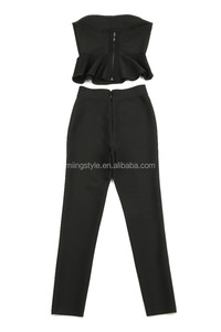 2017 oem de dos piezas mujeres top y pantalón ajustado hombro negro sexy traje bandage - Product Image 3