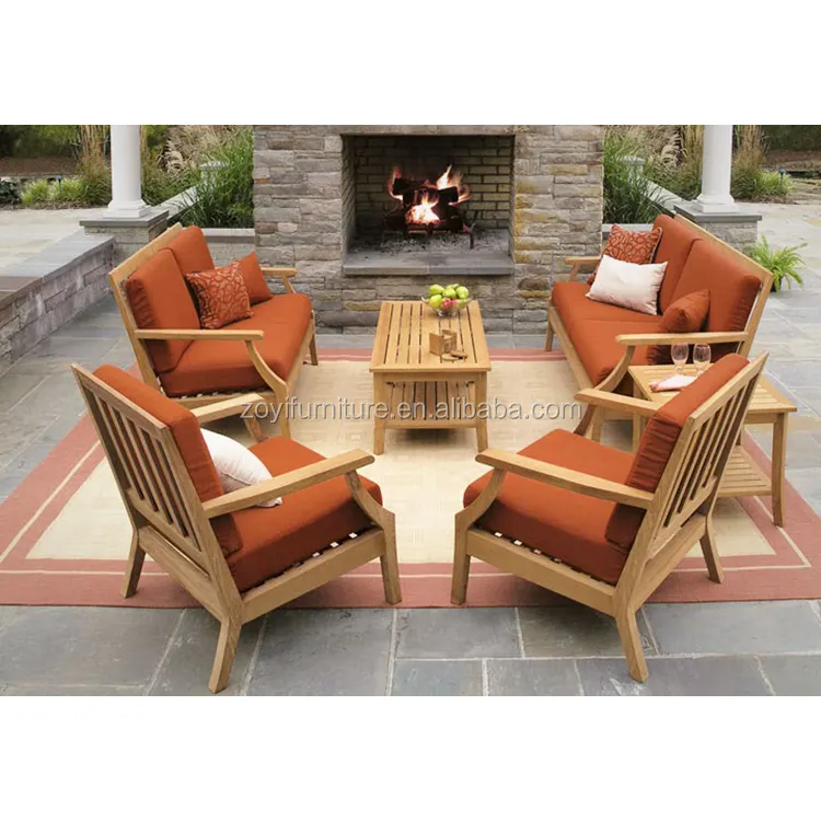 Conjunto de sofá de madeira com pernas de teak, para mobiliário do jardim ao ar livre, pátio, teak e madeira para resort
