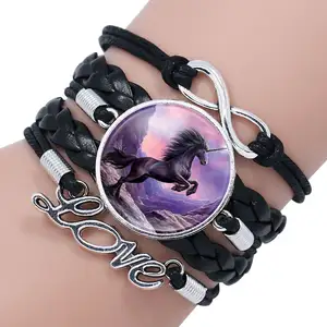 Hot sale time gem glass bracelet cartoon unicorn braided leather bracelet