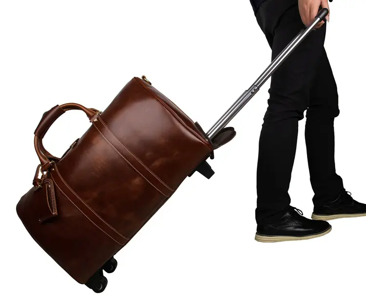 OEM Custom Brown Full Grain Leather Trolley Luggage Holdall Weekender Luxury Overnight Carry On Bag For Men Leather Trolley Bag