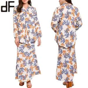 OEM 패션 이슬람 의류 Baju Reffabju Kurung 디자인 긴 소매 바틱 드레스 인도네시아 꽃 인쇄 현대 Baju Kurung