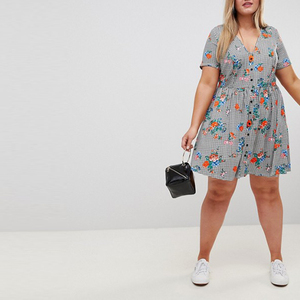 New Hot Floral Stampa A Quadretti Curva Pulsante Attraverso Vestito Estivo Mini Vestito Casual per le <span class=keywords><strong>Donne</strong></span> <span class=keywords><strong>Grasse</strong></span> - Product Image 4
