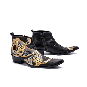 NA025 Bottines classiques à bout pointu pour hommes en <span class=keywords><strong>cuir</strong></span> véritable <span class=keywords><strong>noir</strong></span> <span class=keywords><strong>Bottes</strong></span> de dragon brodées à hauteur augmentée grande taille - Product Image 5