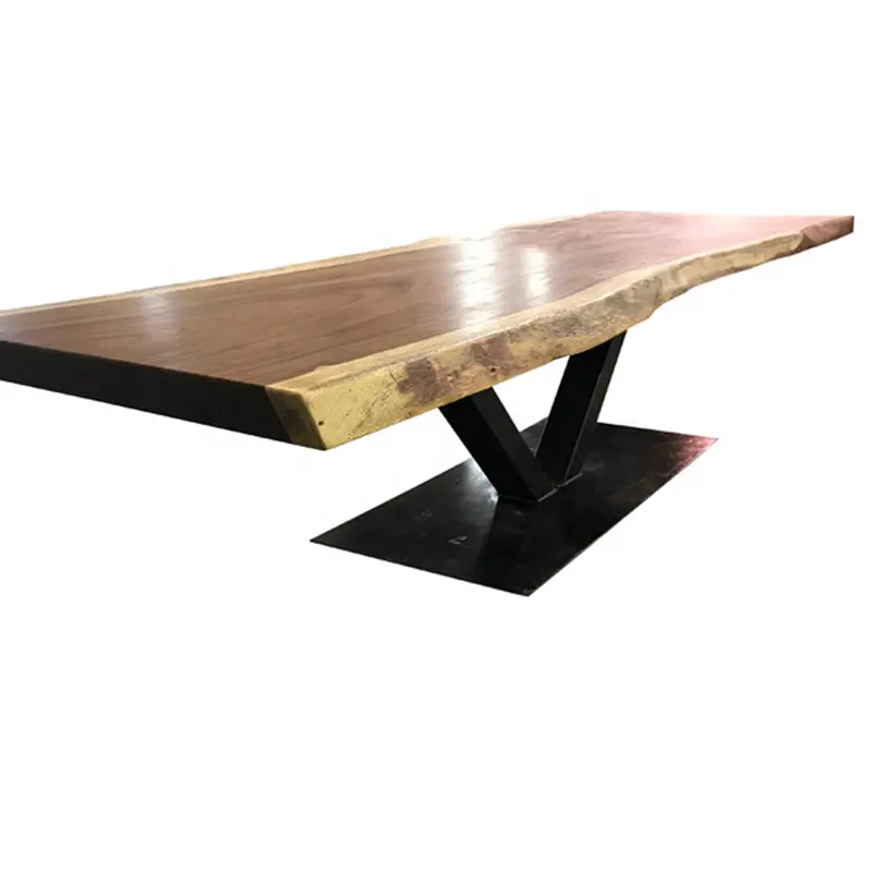 Mesa de comedor de losa de nogal de América del Sur Mesa de madera maciza con base de metal Mesa personalizada