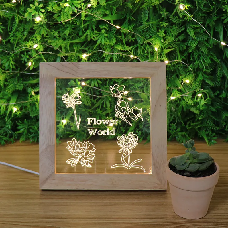 Zhongshan Wholesale Flower World Acrylic Sheet 3D Night Light With Wood Beech Photo Frame