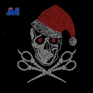 bling hot fix Christmas skull with hat rhinestone transfer custom design