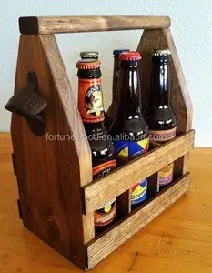 Hot craft houten bierfles krat carrier houder met metalen opener