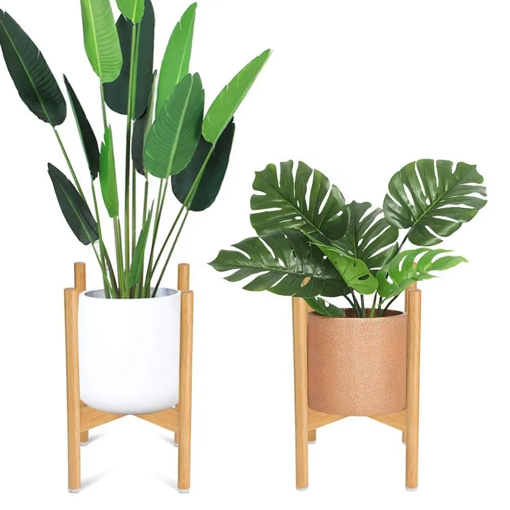 Plant Stand Mid Bamboo Flower Pot Holder, Mid Century Modern Plant Stand with Detachable Rubber Foot Cover, Width 11.4Inch