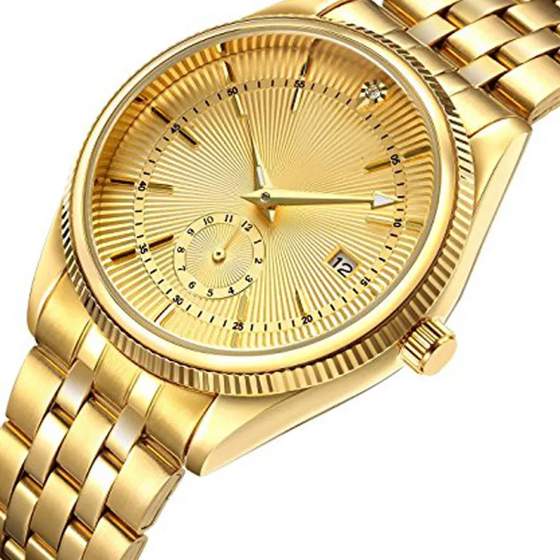 Jam Tangan Berlian Pria, Arloji Emas 50 M Quartz Tahan Air untuk Lelaki