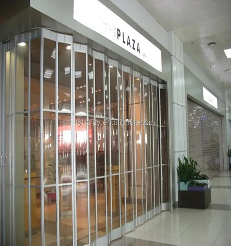 Puerta de centro comercial de policarbonato transparente, Apertura frontal, deslizante, plegable, de aluminio