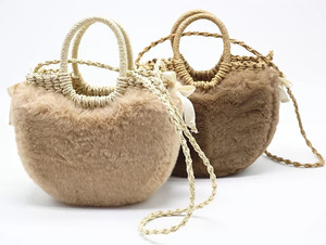 Borsa a Secchiello Vintage Retrò da Donna in Paglia e Rattan con Chiusura a Cerniera, Morbida Pelliccia <span class=keywords><strong>Invernale</strong></span>, Vendita Calda - Product Image 2