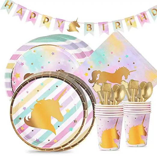 Unicorn Party Supplies Set Plates Cups Napkins and Bunting Banner Pastel &amp; Gold Unicorn Theme Party Favors for Kids Birthday