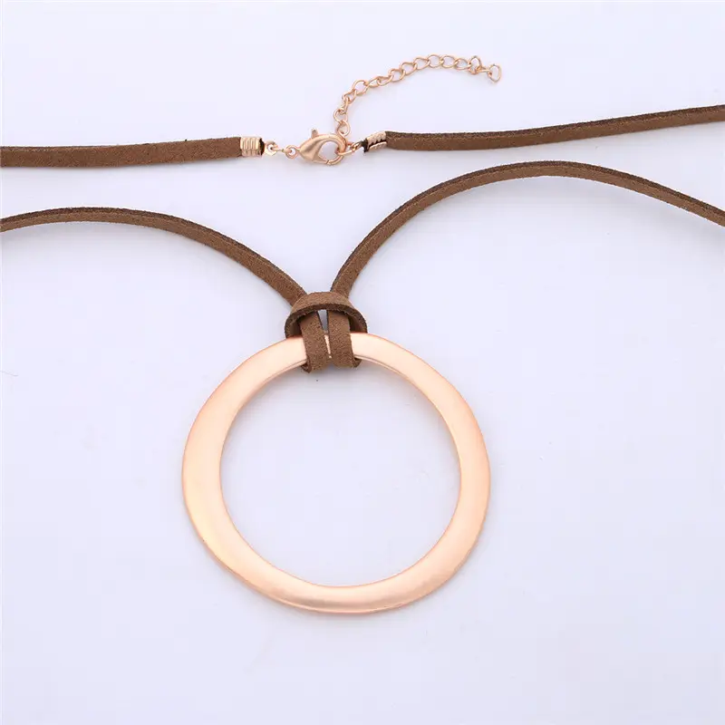 Handmade Vintage Rose Gold Silver Alloy Round Circle Pendant Necklace Long Leather Rope Chain Necklaces For Women