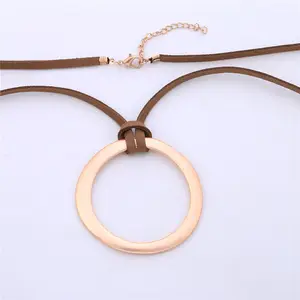 Colliers en alliage de Rose or argent faits à la main, chaîne avec pendentif rond, longue corde en cuir, pour femmes, 6 pièces