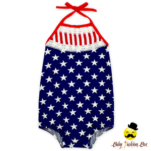 Robe Conception Enfants 4ème De Juillet Marine Étoile Rouge Rayé Dentelle Halter Infantile Bébé Fille Vintage Barboteuse - Product Image 1