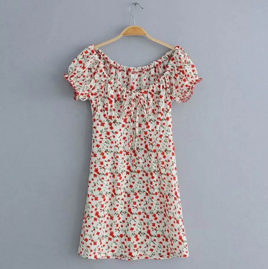 قبالة الكتف تصميم الدانتيل يصل النساء الصيف مثير قصيرة فستان طباعة الأزهار المصغرة