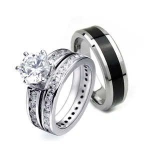 His Hers 3 Piece 925 Sterling Silver & Titanium Wedding Ring Set