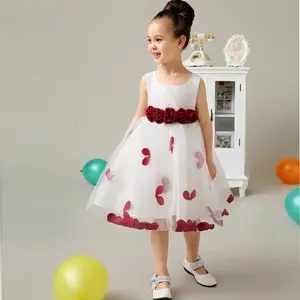 Sleeveless Wine Red One Piece Girls Party Dresses with Flower New Model Casual Long Dresses