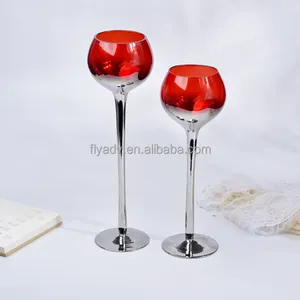 Candle holder with the red round mouth and silver for wedding centerprise cn fly oem customized clear electroplating long glass red long stem glass