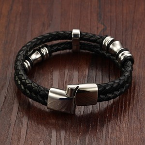 Punk estilo hombres joyería de cuero <span class=keywords><strong>del</strong></span> grano <span class=keywords><strong>del</strong></span> acero inoxidable accesorios Cierre magnético trenzado pulsera de cuero Doble - Product Image 4