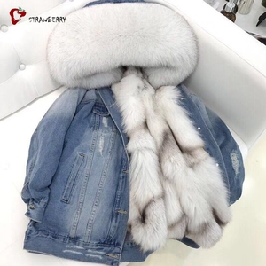 Giubbotto di <span class=keywords><strong>jeans</strong></span> foderato di pelliccia naturale calda donna alla moda da donna <span class=keywords><strong>giacca</strong></span> invernale <span class=keywords><strong>Oversize</strong></span> in pelliccia di volpe per parka - Product Image 2