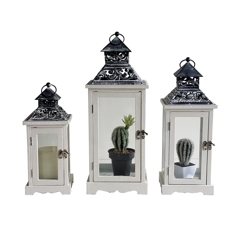 Summer Antique Grey Metal Wood Candle Lantern White Vintage Lantern With Free Sample
