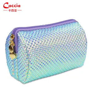 Bolsa para cosméticos iridescente, novo design, presentes de aniversário, bolsa de maquiagem redonda com glitter, de luxo, com caixa de zíper