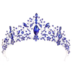 Royal Blue คริสตัล Rhinestone Tiara Handmade Tiara เจ้าหญิง Rhinestone Tiara