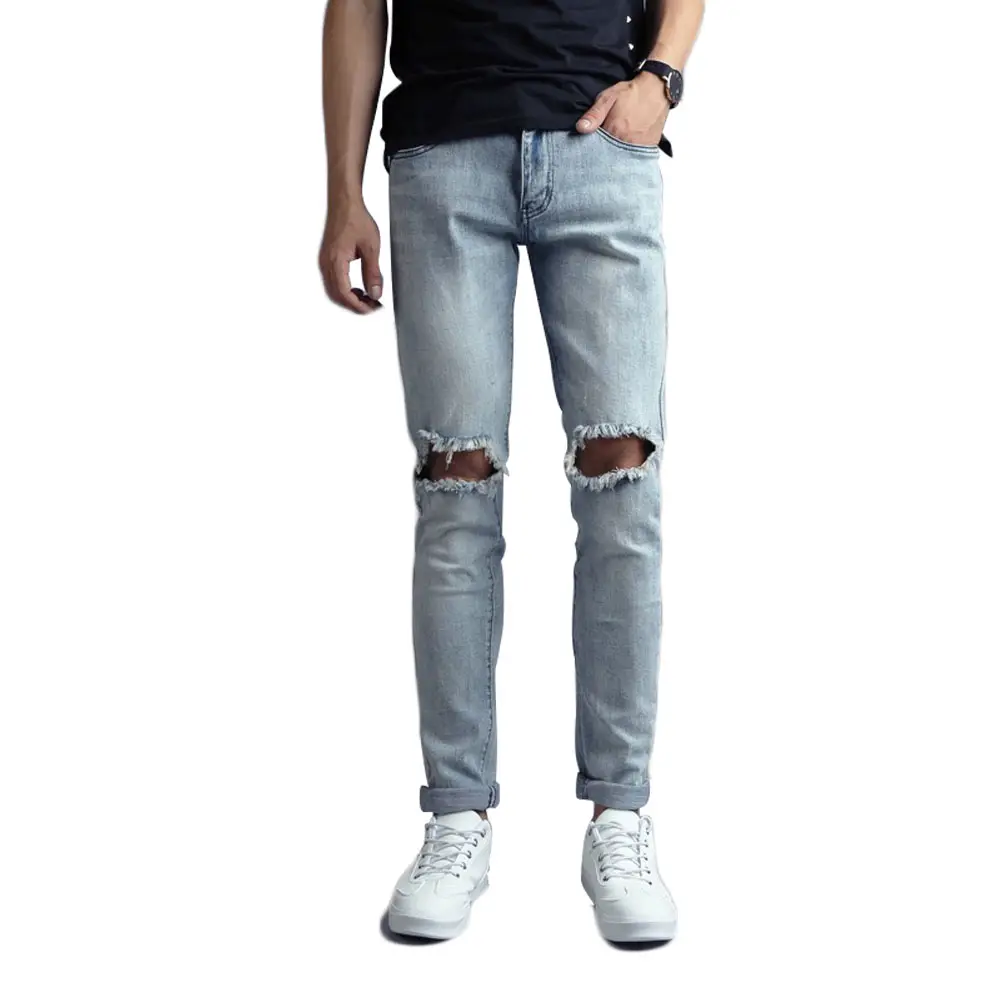 Guangxi Productie Custom Mannen Ripped Schade Vernietigd Broek Denim Jeans Skinny Stretch Jeans Met Gat Voorraad Veel Voor Mannen