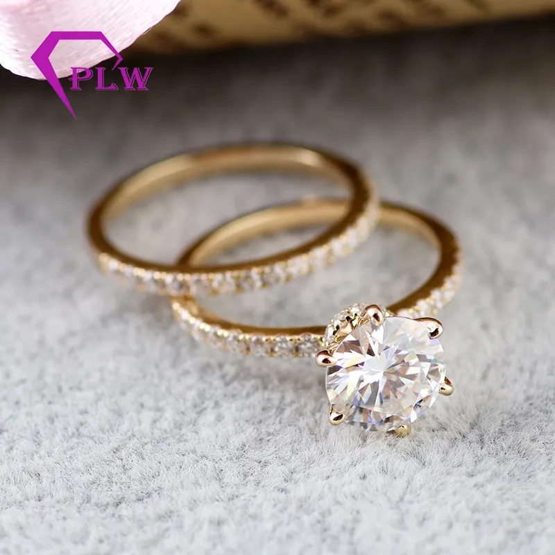 مخصص أشار مخلب جولة الماس كربيد سيليكون مقطع الحجارة حقيقية 14k الذهب الأصفر الزفاف أو خاتم الخطوبة مجموعة للعروس