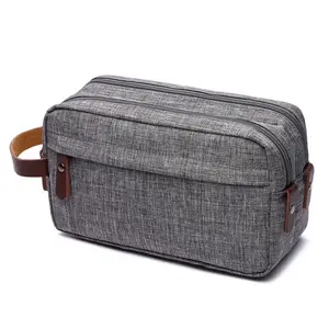 Travel Traditionele Doppsac Dubbele Rits Canvas Heren Toilettas Scheertas Dopp Kit Tas Met Lederen Handvat