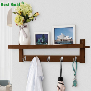 Étagère murale en bois <span class=keywords><strong>de</strong></span> bambou avec 5 crochets métalliques - Product Image 1