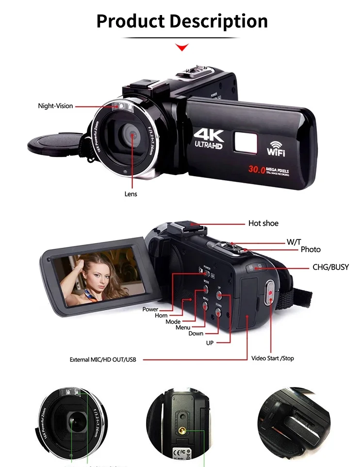 4K Video Camera Camcorder 48MP Wifi Vlogging Camera 16X Zoom Digital Video Camera Recorder