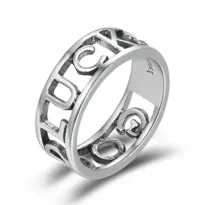 BAGREER SCR223 אופנה גדול רחב טבעת טוב מזל אותיות חלול טבעת כסף אצבע טבעת לנשים תכשיטי יוניסקס