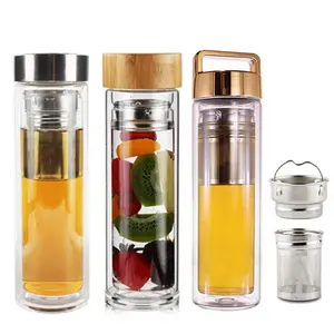 Bouteille isotherme en verre à Double paroi avec couvercle en bambou, contenant isolé, thermos, gourde pour infusion à thé, avec feuilles mobiles, pour cadeau de noël