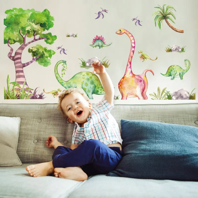 Милый мультяшный красочный динозавр зоопарк декоративная наклейка для детской комнаты съемные Мультяшные наклейки на стену