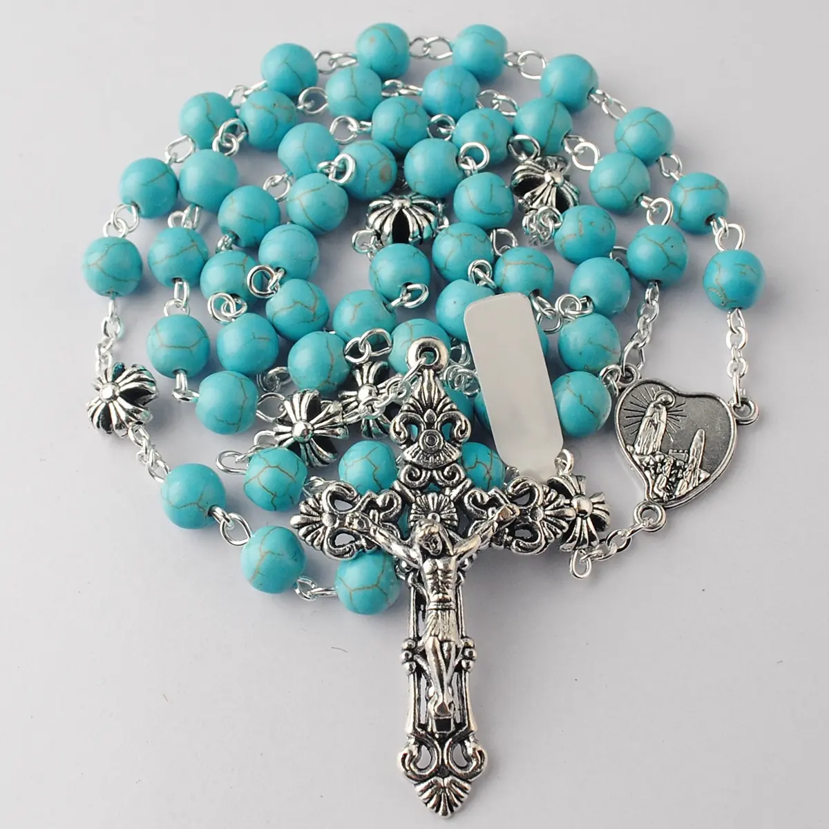 8mm Turquoise Natural Gemstone High Quality Rosary Necklace with 10mm Anti-Silver Cross Glory Beads with Fatima Center Piece