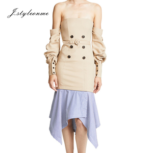 De <span class=keywords><strong>las</strong></span> mujeres al por mayor vestido sin tirantes rayada mantón botón cinturón delgado vestido de Midi - Product Image 1