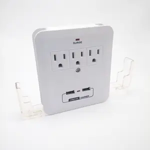 Certified Wall Mount Power Surge Protector with 3 AC Outlet Plug 2 USB Charger Ports Phone Holder Adapter