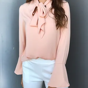 Office Lady Wear Tops Frauen Langarm Herbst Bluse Elegante Volant Flare Ärmel Casual Bow Neck Chiffon Top Loose Shirt