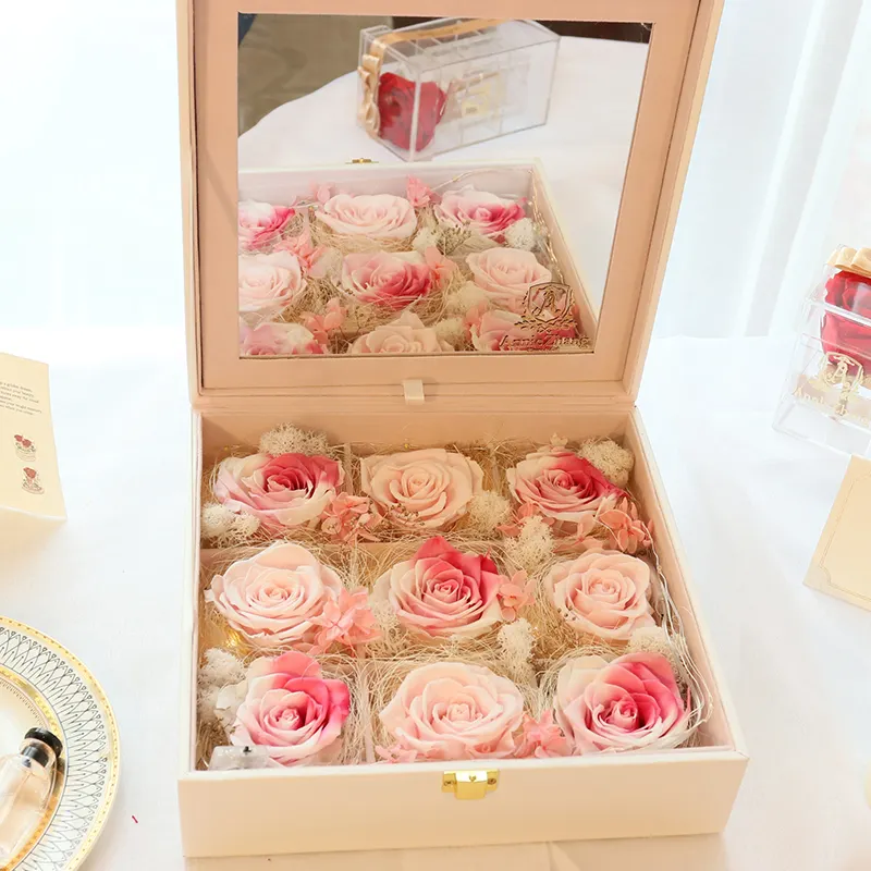 Зеркальная Подарочная коробка из искусственной кожи с цветущими японскими сохраненными розами 4-5 см