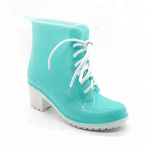 Pink Lace up PVC Ladies High Heel Jelly Ankle Boots For Women Non-slip Waterproof Rubber Rain Boots