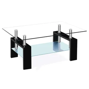 Elegante tavolino lungo in vetro temperato base moderna in metallo con piano in vetro