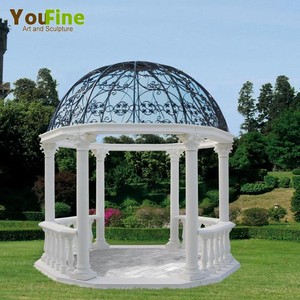 Gazebo Rotondo in Marmo Bianco YouFine Stile Castello Inglese, Grande Padiglione in Pietra Intagliata a Mano per Esterni con Cupola in Ferro Battuto - Product Image 4