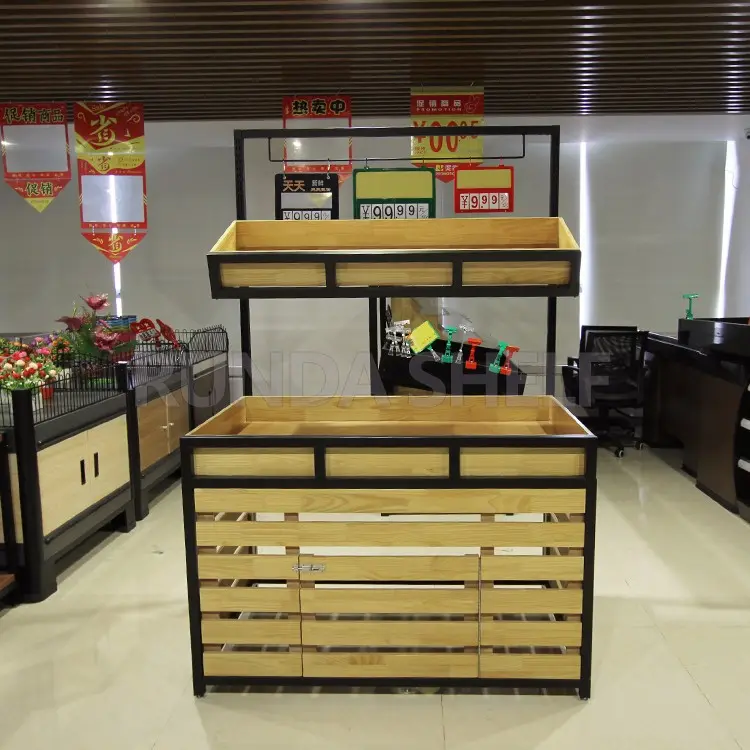 Loja prateleiras de madeira legumes fruta vegetal carrinho de supermercado de Aço-madeira display stand