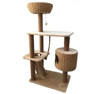 Soft sisal posts hanging feather toy indoor cat scratching tree with wooden house