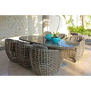 6 seater unique restaurant garden oval dining table set of rattan outdoor bali furniture